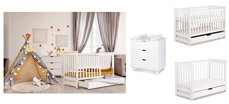 Klupś Iwo baby room (crib 120x60cm with drawer and barrier + chest with changing table) white