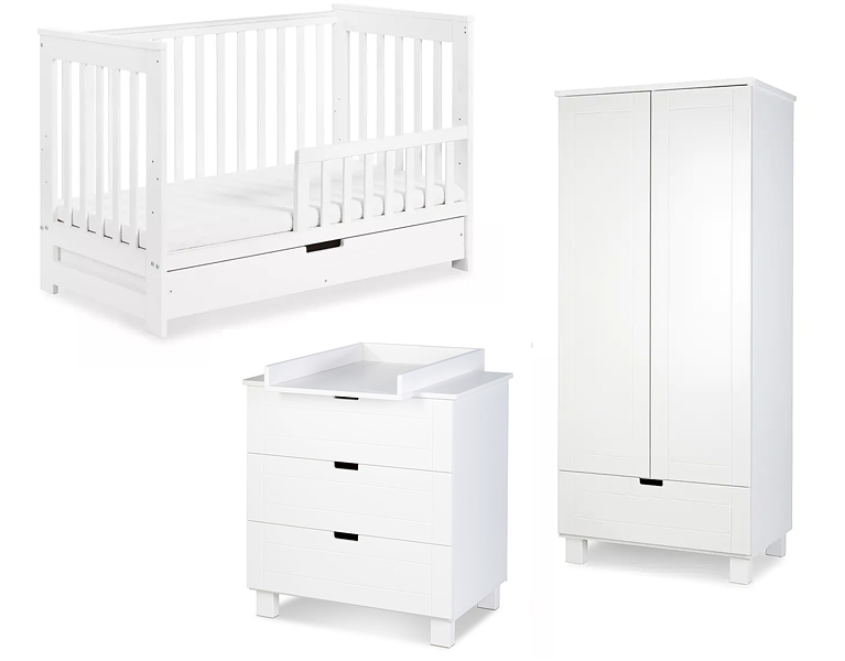 Klupś Iwo baby room (crib 120x60cm with drawer and barrier + chest with changing table + wardrobe) white FREE DELIVERY