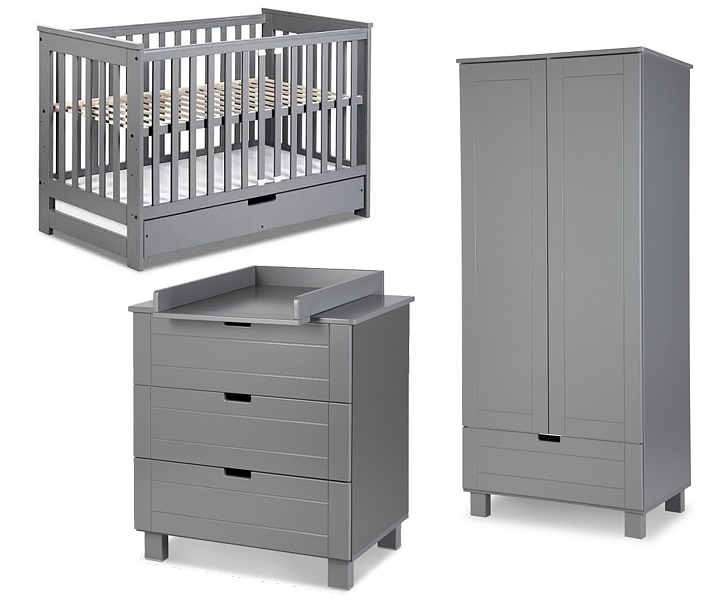 Klupś Iwo baby room (crib 120x60cm with drawer and barrier + chest with changing table + wardrobe) graphite FREE DELIVERY