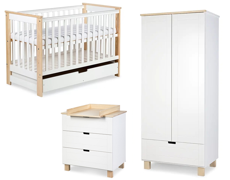 Klupś Iwo baby room (crib 120x60cm with drawer and barrier + chest with changing table + wardrobe) white/pine FREE DELIVERY