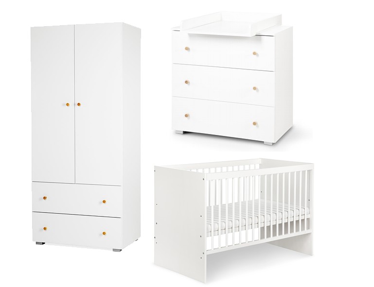 Klupś (crib Karolina I 120x60cm + chest of drawers with changing table +2-door wardrobe ) white