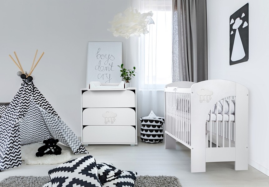 Klupś Nel Cloud Babyzimmer (Babybett 120x60cm + Wickelkommode mit Schubladen mit Wickelaufsatz ) Weiß