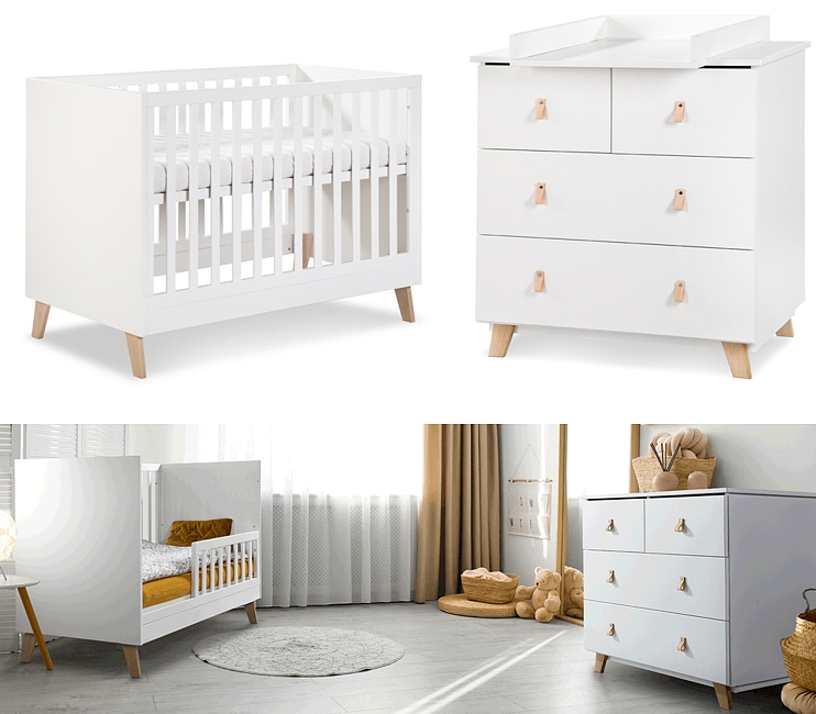 Klupś Noah Baby room (crib 120x60cm with a railing + chest of drawers with changing table) colour white