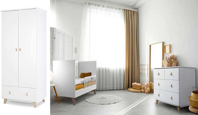 Klupś Noah pokój dziecięcy (łóżeczko 120x60cm z barierką + komoda z przewijakiem + szafa) biały Transport Gratis !
