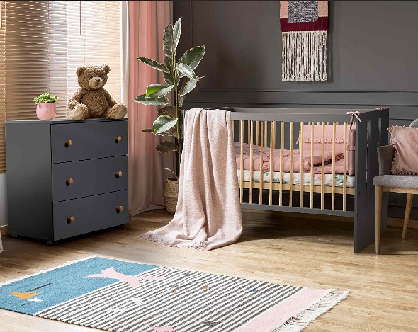Klupś Pauline Graphite-Pine baby room (crib 120x60cm with rail + chest of drawers + changing table)