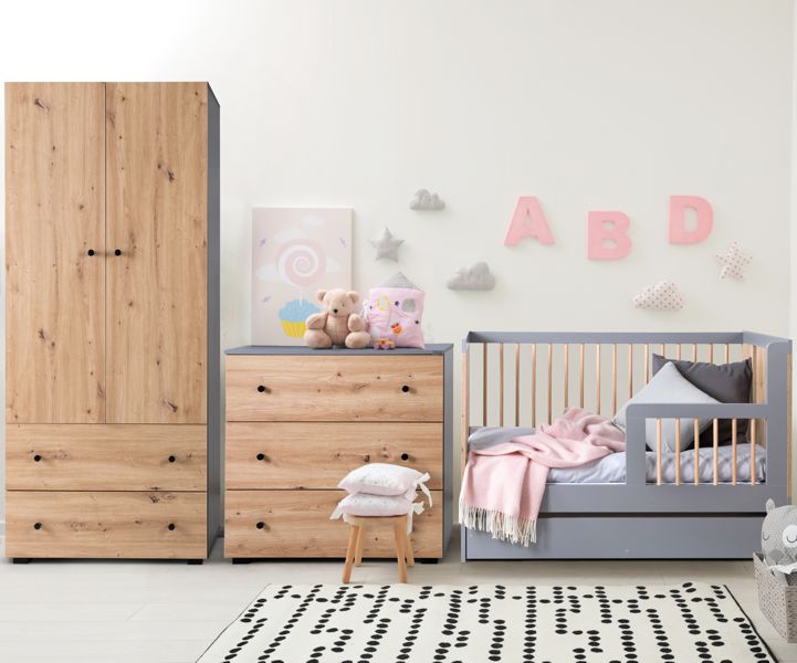 Klupś Pauline Graphite-Oak baby room (crib 120x60cm + chest of drawers + changing table + 2 door wardrobe)