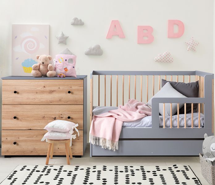 Klupś Pauline Graphite-Oak baby room (crib 120x60cm + chest of drawers + changing table)