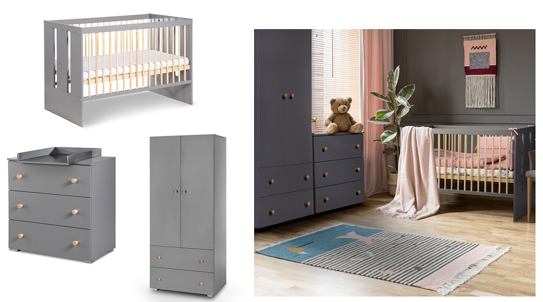Klupś Pauline Graphite-Pine baby room ( crib 120x60 with rail + chest of drawers + changing table + 2 doors wardrobe )