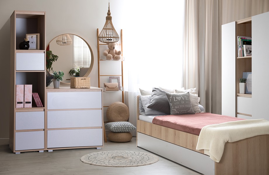 Klupś Dalia Buk-Popiel room (bed 200x90 + 3 section wardrobe + bookcase + chest of drawers)