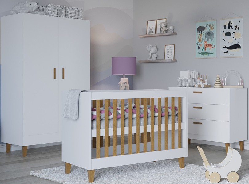 Kocot Kids Kubi Babyzimmer (Babybett 120x60 + Kleiderschrank + Wickelkommode Schubladen) Weiß