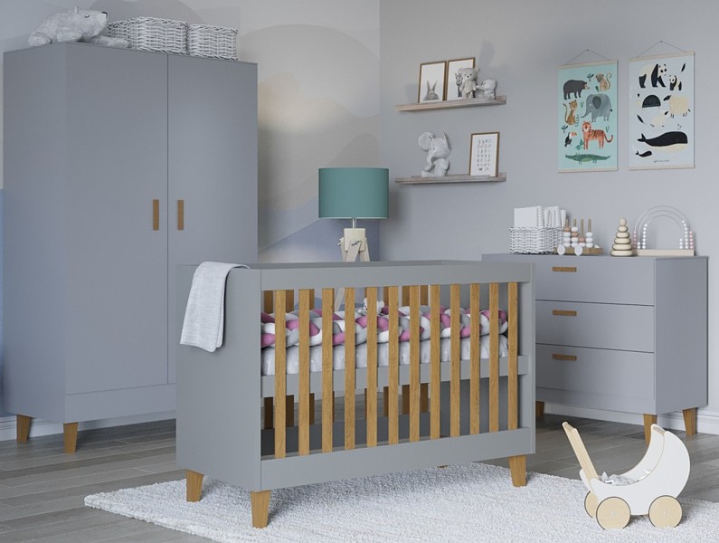 Kocot Kids Kubi Babyzimmer (Babybett 120x60 + Kleiderschrank + Wickelkommode Schubladen) grau