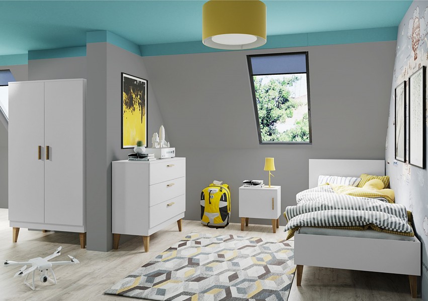 Kocot Kids Kubi Zimmer (Bett 180x80 + Kleiderschrank + Wickelkommode Schubladen) Weiß