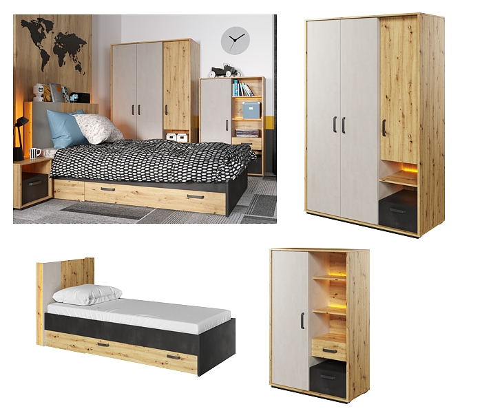 Lenart Qubic teenager room ( bed 200x90 cm + 3 doors wardrobe + 1 door bookcase)
