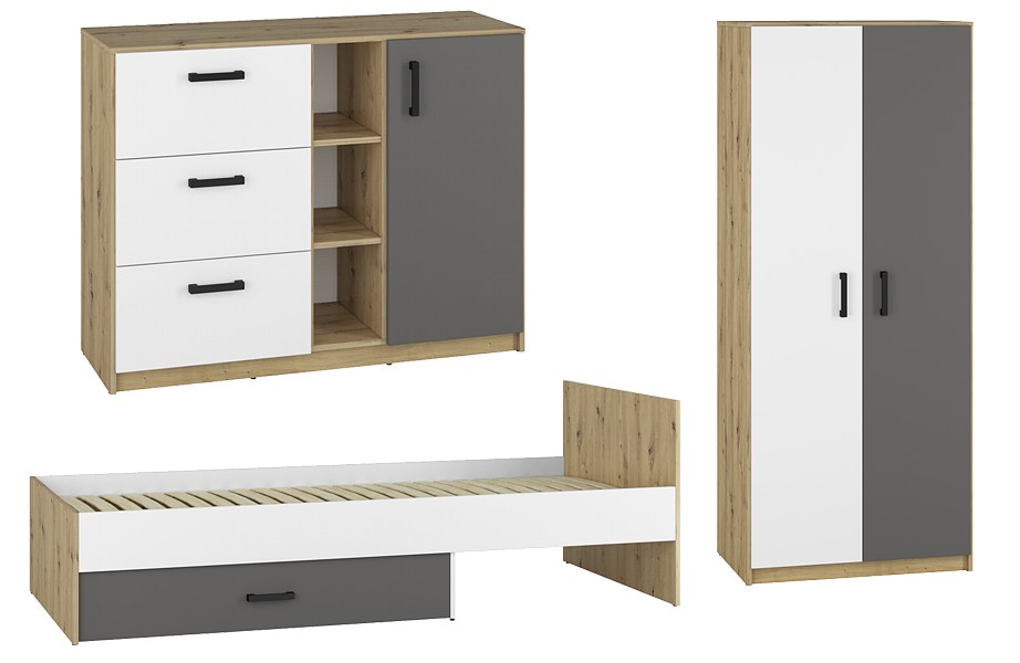 ML Meble Fini teen room (200x90 bed 09 + chest of drawers 06 + wardrobe 01 )