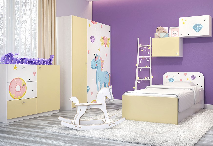 MTM Diamond Babyzimmer (Bett A 200 × 90 cm + Wickelkommode B + 3 Türen Kleiderschrank A + Hängend Kabinett B)