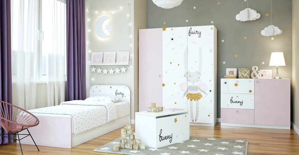MTM Fairy pokój dziecięcy (Łóżko A 200×90 cm + komoda B + szafa 3 drzwiowa A + skrzynia B) przy przedpłacie Kurier Gratis