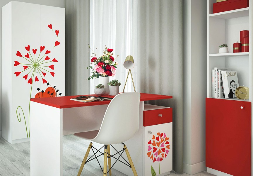 MTM Flowers baby room (bed B 200 × 90 cm + 2-door wardrobe B + bookcase D + desk A)