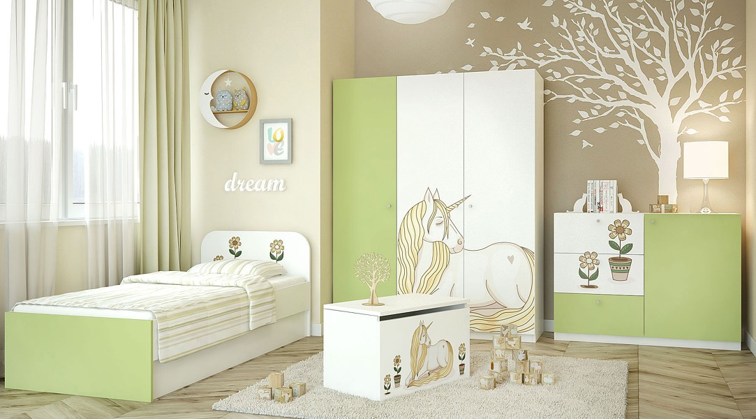MTM Unicorn baby room (bed A 200 × 90 cm + chest B + 3-door wardrobe A + toy box B)