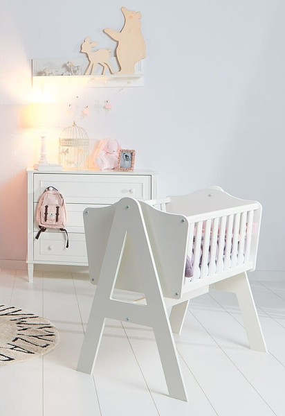 Novelies Bianka Neugeborene Zimmer (Wiege Lea + Wickelkommode mit Wickelaufsatz) Farbe Weiß
