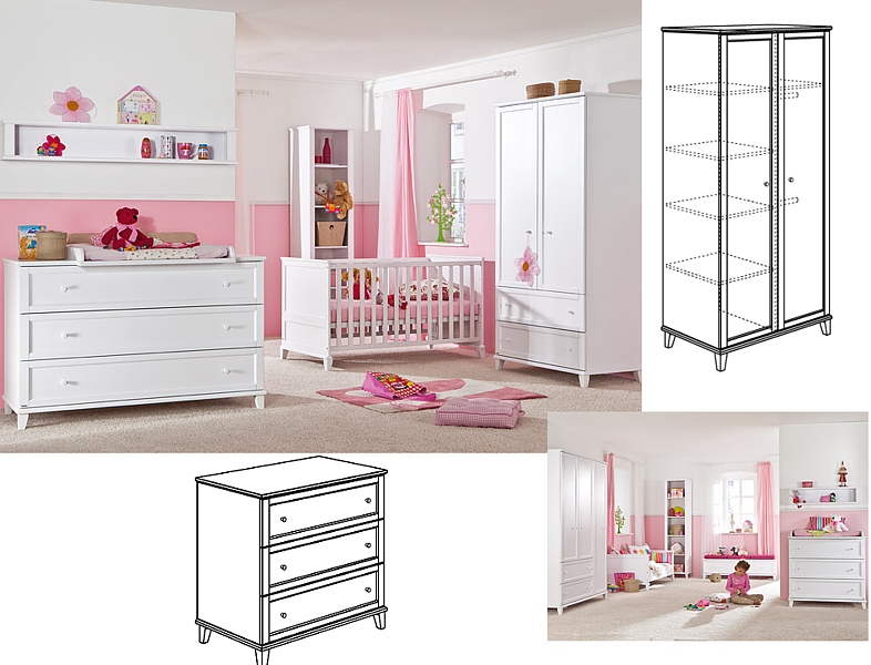Paidi Sophia Baby room of solid wood (crib 140x70 with frame AIRWELL Comfort + 2-door wardrobe + chest)