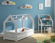 Pali pokój Freedom Bianco (łóżeczko domek 160x80 cm z materacem i ochraniaczem + krzesełko + biurko)