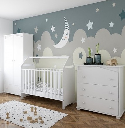 Pinewood House children's room ( House white bed with drawer and railing 120x60 + chest of drawers + 2 door wardrobe)