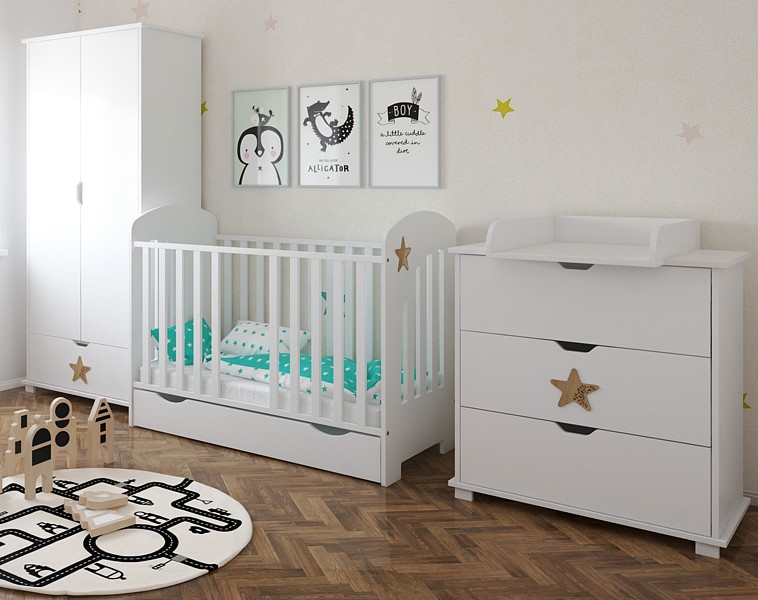 Pinewood Star pokój dziecięcy ( łóżeczko z szufladą 120x60 + komoda z przewijakiem + szafa )