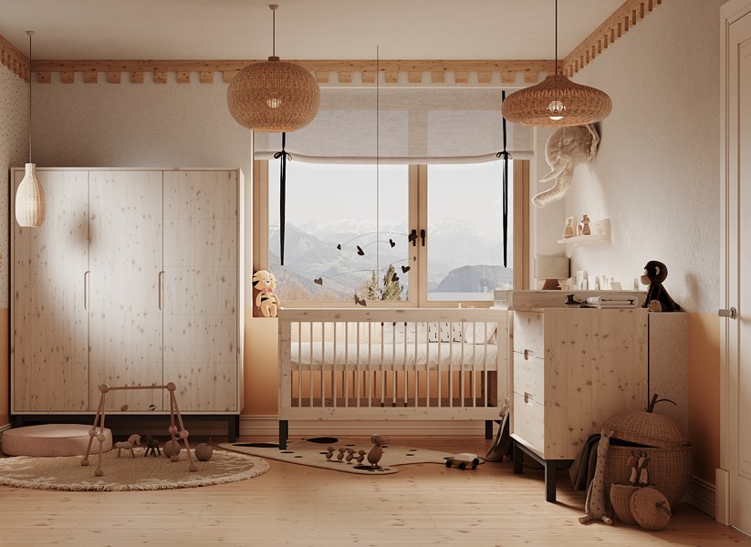 Pinio Country (Babybett/Couch 140x70 cm + Kommode + Wickeltisch + 3 Türen Kleiderschrank) (Massivholz)