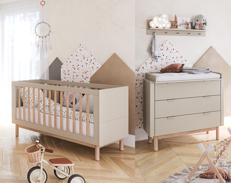 Pinio Miloo room (bed 140x70 + chest of drawers with 3 drawers and changing table) champagne