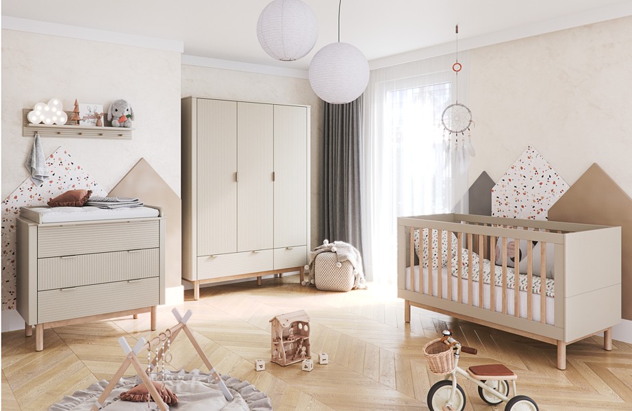 Pinio Miloo room (bed 120x60 + chest of drawers with 3 drawers and changing table + 3-door wardrobe) champagne FREE DELIVERY
