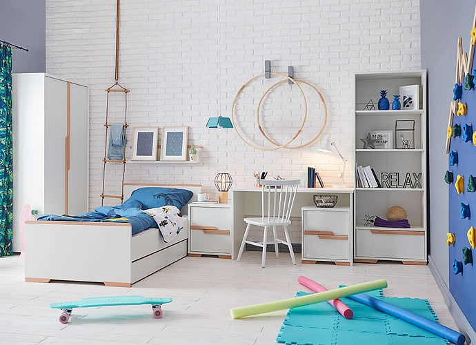 Pinio Snap Schüler Zimmer (Bett 200x90cm + Schreibtisch mit a Container + 2 Türen Kleiderschrank) Farbe Weiß