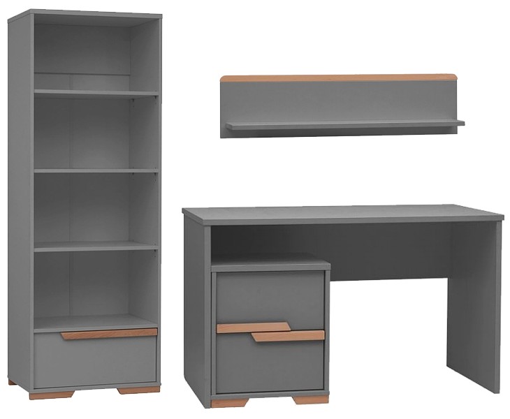 Pinio Snap Schüler Zimmer Schreibtisch mit Container + Bücherregal mit Schublade + hängendes Regal grau