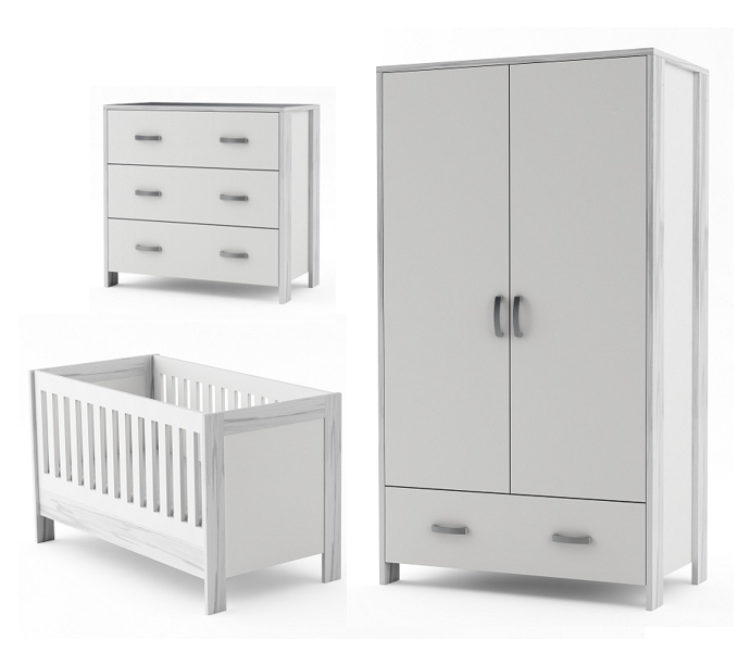 Timoore Manhattan Babyzimmer (Gitterbett zum Juniorbett umwandelbar 140x70 + Wickelkommode + Kleiderschrank) Farbe Weiß