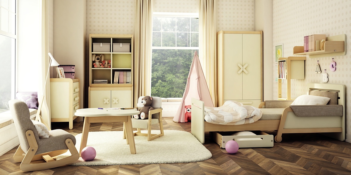 Timoore einfach kid Zimmer (Erweiterbar Bett + 2 Tür Kleiderschrank + Wickelkommode mit 3 Schubladen) Farbe cream-beech