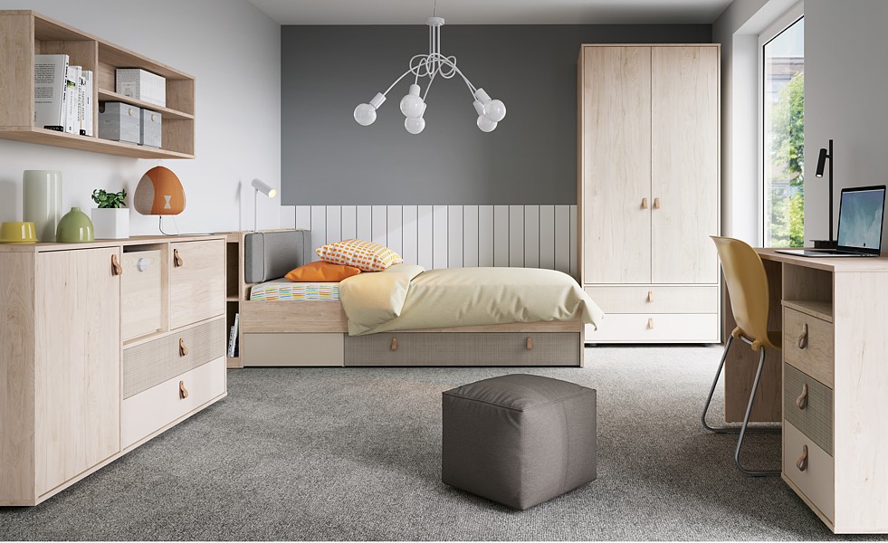 Meble Wójcik Denim room ( bed with a frame 204,9x 95,3 Z01 / MWSD01 + cabinet K03 + wardrobe S03 + desk B01 + shelf P03)