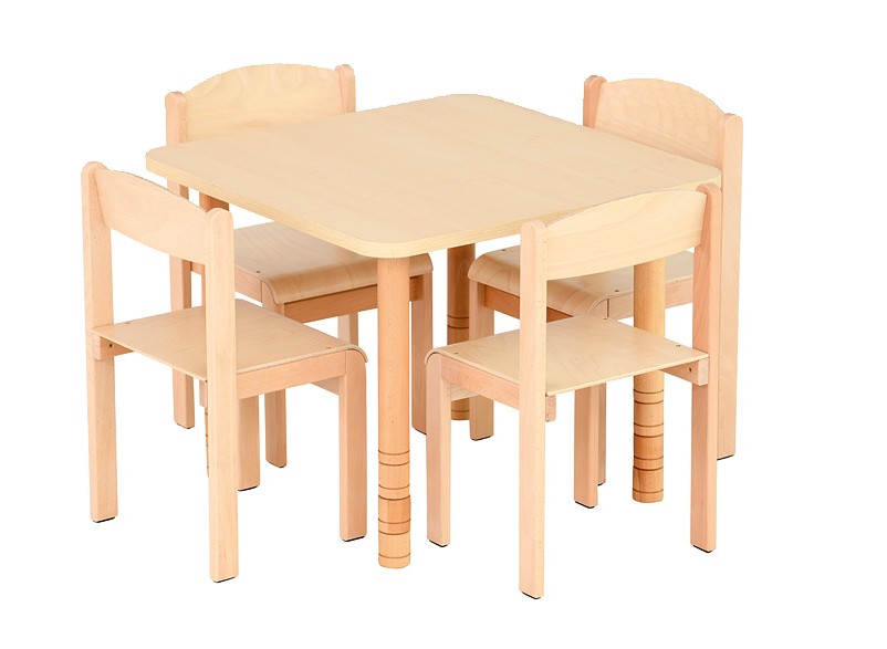 Moje Bambino stół kwadratowy brzoza z 4 krzesłami Tender bukowymi (zestaw 5077) rozmiar 2 (wzrost od 108 do 121 cm)