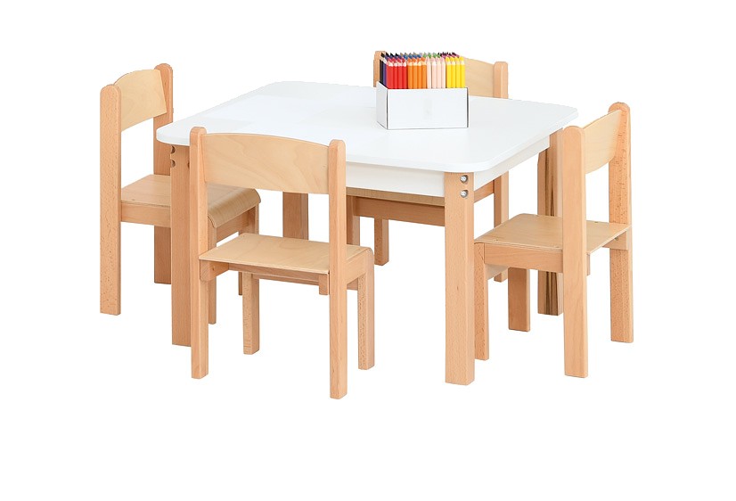 Moje Bambino stół kwadratowy biały + 4 krzesełka Filipek kolor buk (zestaw 5496) rozmiar 2 (wzrost od 108 do 121 cm)