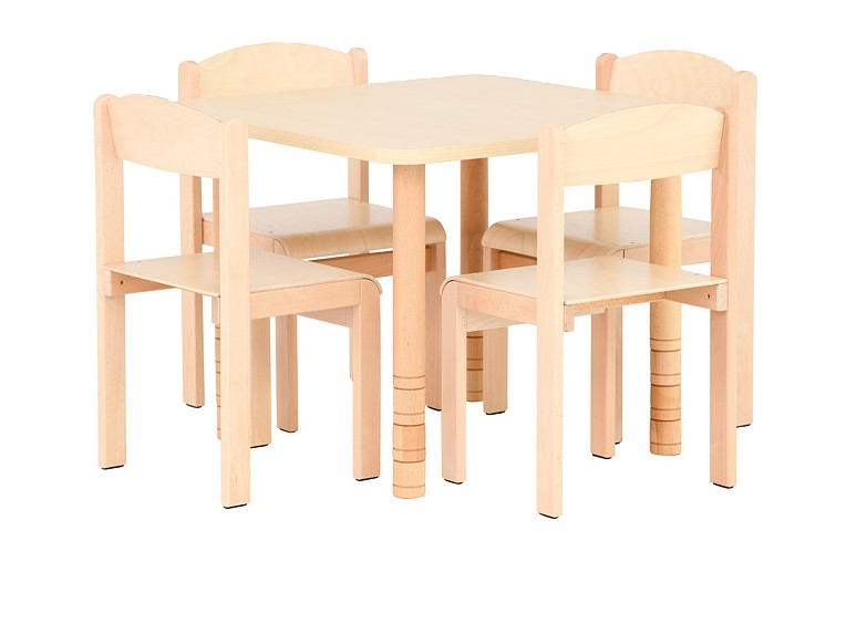 Moje Bambino stół kwadratowy brzoza z 4 krzesłami Tender bukowymi (zestaw 5590) rozmiar 1 (wzrost od 93 do 116 cm)