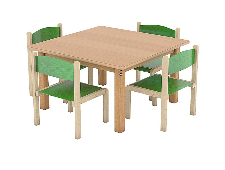 Moje Bambino stół kwadratowy HPL buk z 4 krzesłami Filipek zielonymi (zestaw 5076) rozmiar 1 (wzrost 93-116 cm)