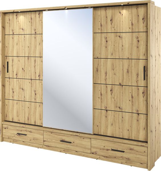 Lenart Arti AR-01 Wardrobe with three sliding doors, three drawers and a mirror - Artisan Oak