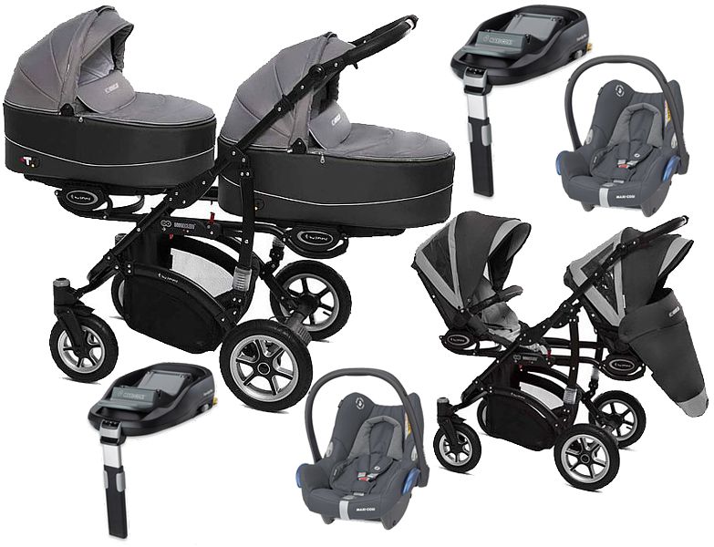 SALE BabyActive Twinni Premium 4in1 (2x pushchair + 2x carrycot + 2x Cabrio car seat + 2x base) silver / Free Shipping 24h