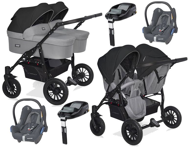 Riko Basic Saxo stroller for twins 4in1 (2x pushchair + 2x carrycot + 2x Maxi-Cosi Cabrio car seat+ 2x base) 2024 FREE DELIVERY