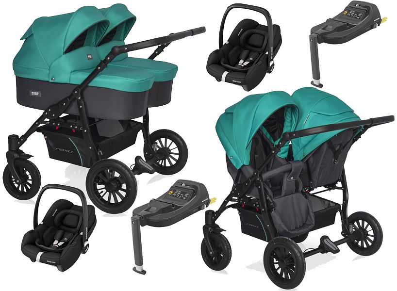 Riko Basic Saxo stroller for twins 4in1 (2x pushchair + 2x carrycot + 2x Maxi Cosi Cabrio car seat I-Size + 2x base) 2024