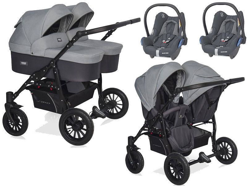 Riko Basic Saxo stroller for twins 3in1 (2x pushchair + 2x carrycot + 2x Maxi-Cosi Cabrio car seat) 2024 FREE DELIVERY