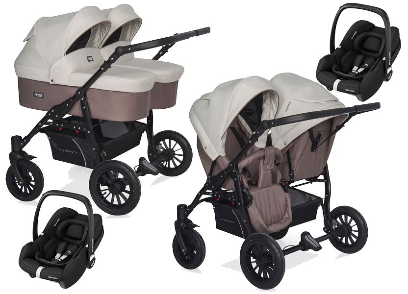Riko Basic Saxo stroller for twins 3in1 (2x pushchair + 2x carrycot + 2x Maxi Cosi Cabrio car seat I-Size) 2024