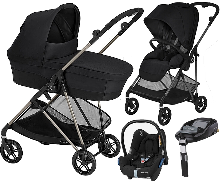 Cybex Melio Carbon 4w1 (pushchair + carrycot + Maxi Cosi Cabrio car seat + Familyfix base) Moon Black 2023